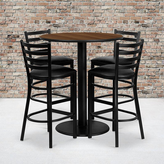 36'' Round Walnut Laminate Table Set With 4 Ladder Back Metal Barstools - Black Vinyl Seat By Flash Furniture | Bar Stools & Table | Modishstore