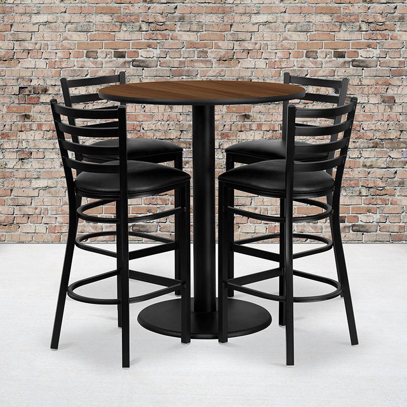 36'' Round Walnut Laminate Table Set With 4 Ladder Back Metal Barstools - Black Vinyl Seat By Flash Furniture | Bar Stools & Table | Modishstore - 1
