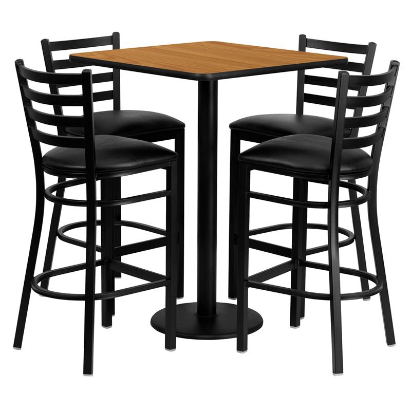 30'' Square Natural Laminate Table Set With 4 Ladder Back Metal Barstools - Black Vinyl Seat By Flash Furniture | Bar Stools & Table | Modishstore - 2