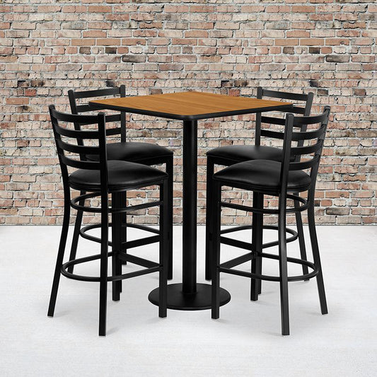 30'' Square Natural Laminate Table Set With 4 Ladder Back Metal Barstools - Black Vinyl Seat By Flash Furniture | Bar Stools & Table | Modishstore