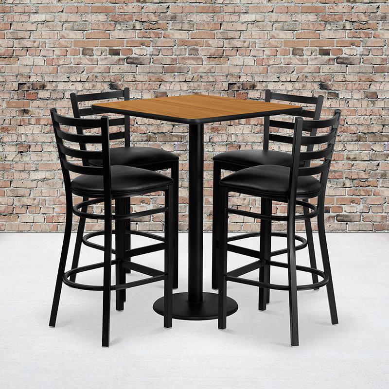 30'' Square Natural Laminate Table Set With 4 Ladder Back Metal Barstools - Black Vinyl Seat By Flash Furniture | Bar Stools & Table | Modishstore - 1