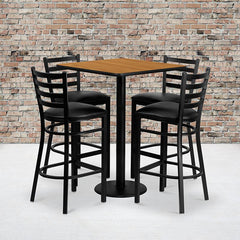 30'' Square Natural Laminate Table Set With 4 Ladder Back Metal Barstools - Black Vinyl Seat By Flash Furniture