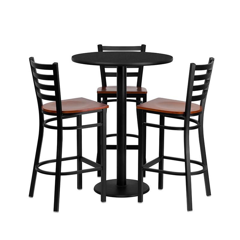 30'' Round Black Laminate Table Set With 3 Ladder Back Metal Barstools - Cherry Wood Seat By Flash Furniture | Bar Stools & Table | Modishstore - 2