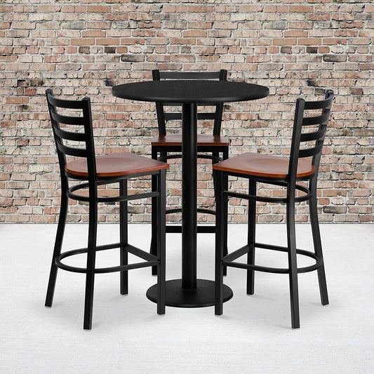 30'' Round Black Laminate Table Set With 3 Ladder Back Metal Barstools - Cherry Wood Seat By Flash Furniture | Bar Stools & Table | Modishstore - 1