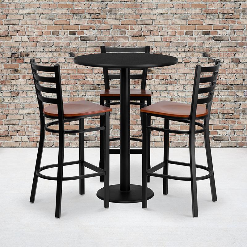 30'' Round Black Laminate Table Set With 3 Ladder Back Metal Barstools - Cherry Wood Seat By Flash Furniture | Bar Stools & Table | Modishstore - 1