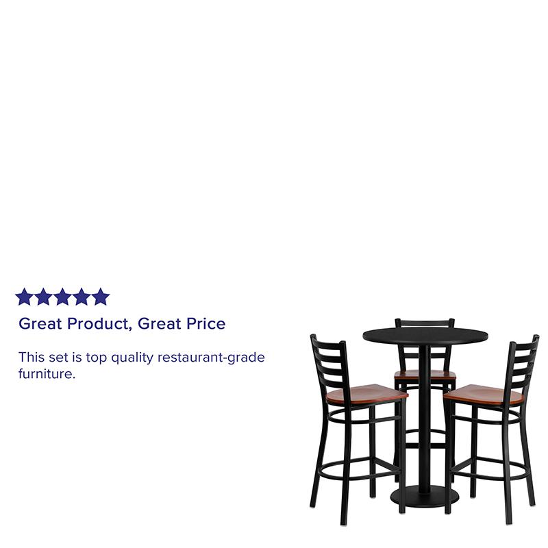 30'' Round Black Laminate Table Set With 3 Ladder Back Metal Barstools - Cherry Wood Seat By Flash Furniture | Bar Stools & Table | Modishstore - 4