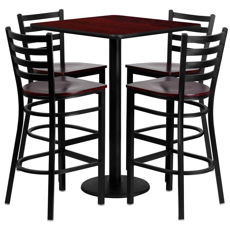30'' Square Mahogany Laminate Table Set With 4 Ladder Back Metal Barstools - Mahogany Wood Seat By Flash Furniture | Bar Stools & Table | Modishstore - 2