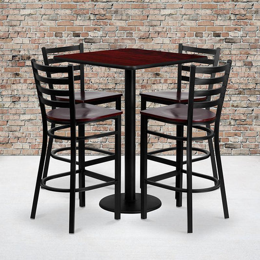 30'' Square Mahogany Laminate Table Set With 4 Ladder Back Metal Barstools - Mahogany Wood Seat By Flash Furniture | Bar Stools & Table | Modishstore