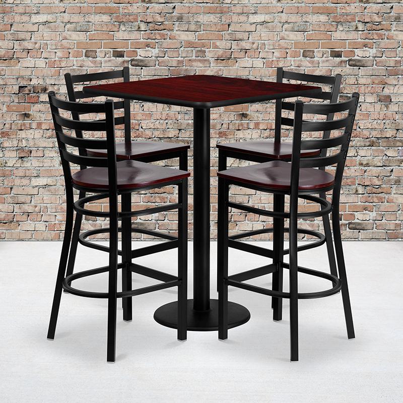 30'' Square Mahogany Laminate Table Set With 4 Ladder Back Metal Barstools - Mahogany Wood Seat By Flash Furniture | Bar Stools & Table | Modishstore - 1