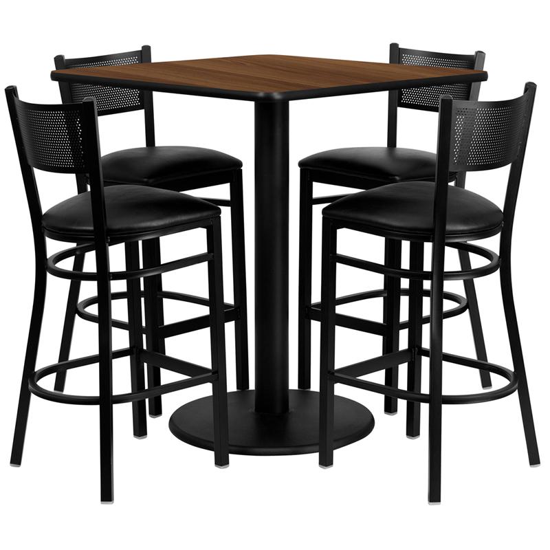36'' Square Walnut Laminate Table Set With 4 Grid Back Metal Barstools - Black Vinyl Seat By Flash Furniture | Bar Stools & Table | Modishstore - 2