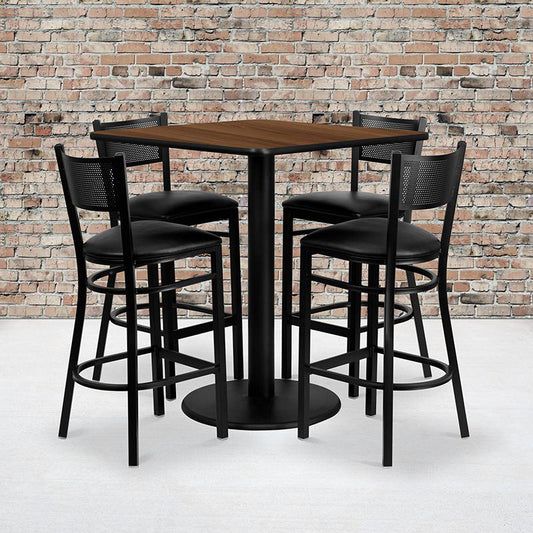 36'' Square Walnut Laminate Table Set With 4 Grid Back Metal Barstools - Black Vinyl Seat By Flash Furniture | Bar Stools & Table | Modishstore