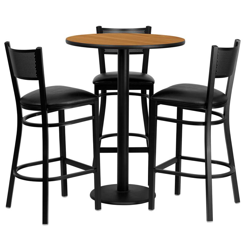 30'' Round Natural Laminate Table Set With 3 Grid Back Metal Barstools - Black Vinyl Seat By Flash Furniture | Bar Stools & Table | Modishstore - 2