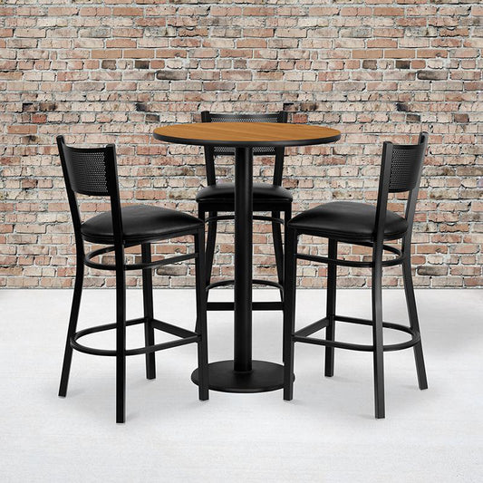 30'' Round Natural Laminate Table Set With 3 Grid Back Metal Barstools - Black Vinyl Seat By Flash Furniture | Bar Stools & Table | Modishstore