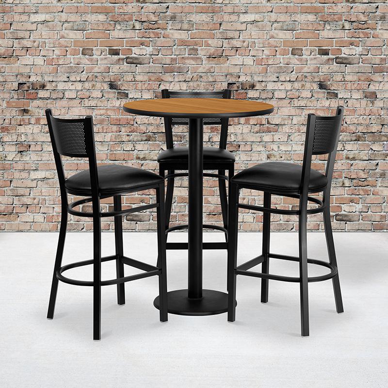 30'' Round Natural Laminate Table Set With 3 Grid Back Metal Barstools - Black Vinyl Seat By Flash Furniture | Bar Stools & Table | Modishstore - 1