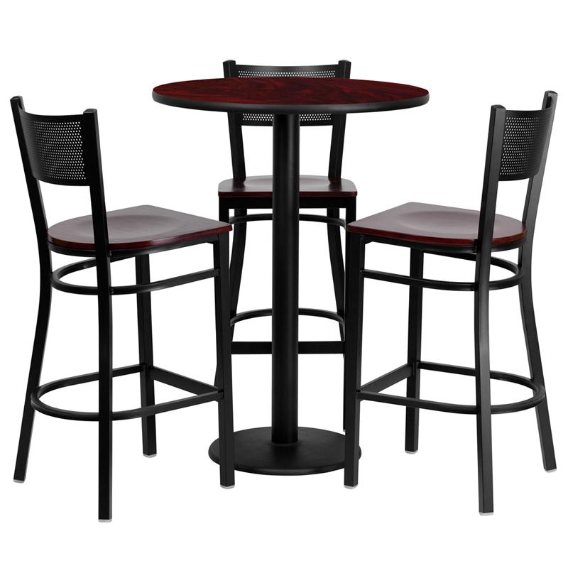 30'' Round Mahogany Laminate Table Set With 3 Grid Back Metal Barstools - Mahogany Wood Seat By Flash Furniture | Bar Stools & Table | Modishstore - 2