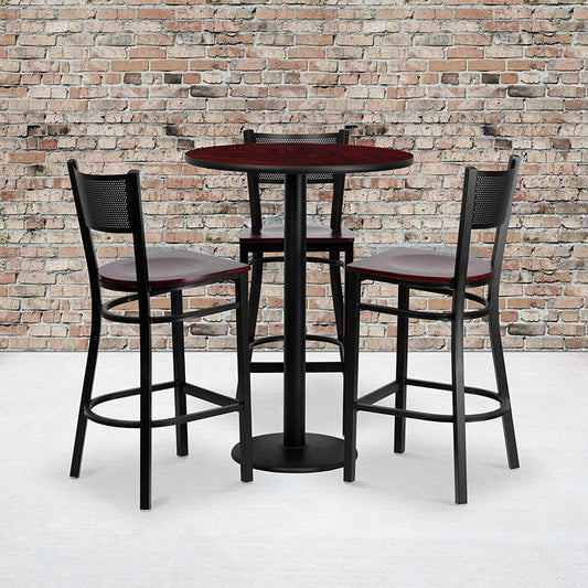 30'' Round Mahogany Laminate Table Set With 3 Grid Back Metal Barstools - Mahogany Wood Seat By Flash Furniture | Bar Stools & Table | Modishstore