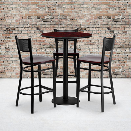 30'' Round Mahogany Laminate Table Set With 3 Grid Back Metal Barstools - Mahogany Wood Seat By Flash Furniture | Bar Stools & Table | Modishstore - 1