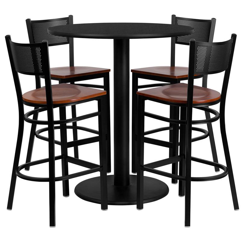 36'' Round Black Laminate Table Set With 4 Grid Back Metal Barstools - Cherry Wood Seat By Flash Furniture | Bar Stools & Table | Modishstore - 2