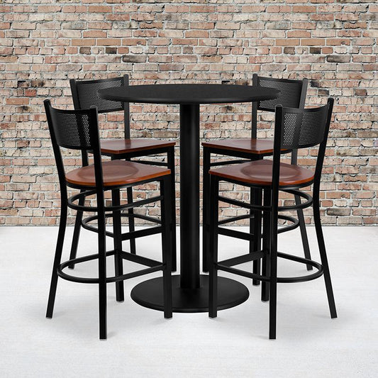 36'' Round Black Laminate Table Set With 4 Grid Back Metal Barstools - Cherry Wood Seat By Flash Furniture | Bar Stools & Table | Modishstore
