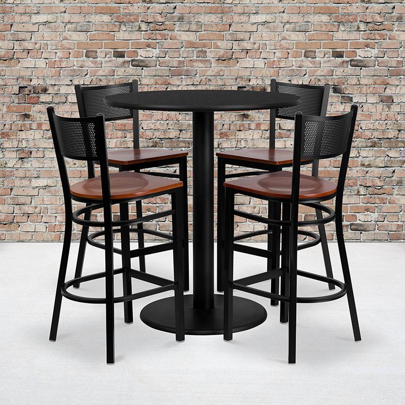 36'' Round Black Laminate Table Set With 4 Grid Back Metal Barstools - Cherry Wood Seat By Flash Furniture | Bar Stools & Table | Modishstore - 1