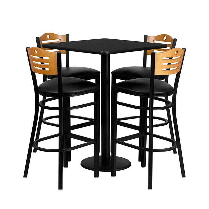30'' Square Black Laminate Table Set With 4 Wood Slat Back Metal Barstools - Black Vinyl Seat By Flash Furniture | Bar Stools & Table | Modishstore - 2