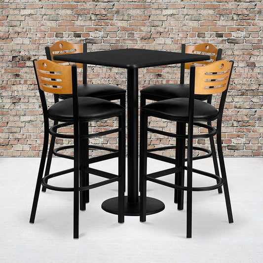 30'' Square Black Laminate Table Set With 4 Wood Slat Back Metal Barstools - Black Vinyl Seat By Flash Furniture | Bar Stools & Table | Modishstore