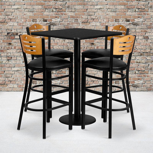 30'' Square Black Laminate Table Set With 4 Wood Slat Back Metal Barstools - Black Vinyl Seat By Flash Furniture | Bar Stools & Table | Modishstore - 1