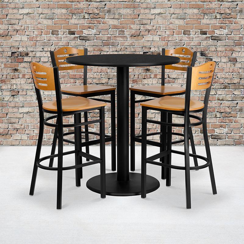 36'' Round Black Laminate Table Set With 4 Wood Slat Back Metal Barstools - Natural Wood Seat By Flash Furniture | Bar Stools & Table | Modishstore - 1