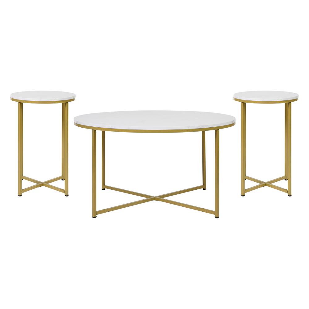 Hampstead Collection Coffee And End Table Set - White Marbled Laminate Top & Matte Gold Crisscross Frame, 3 Piece Table Set By Flash Furniture | End Tables | Modishstore - 2