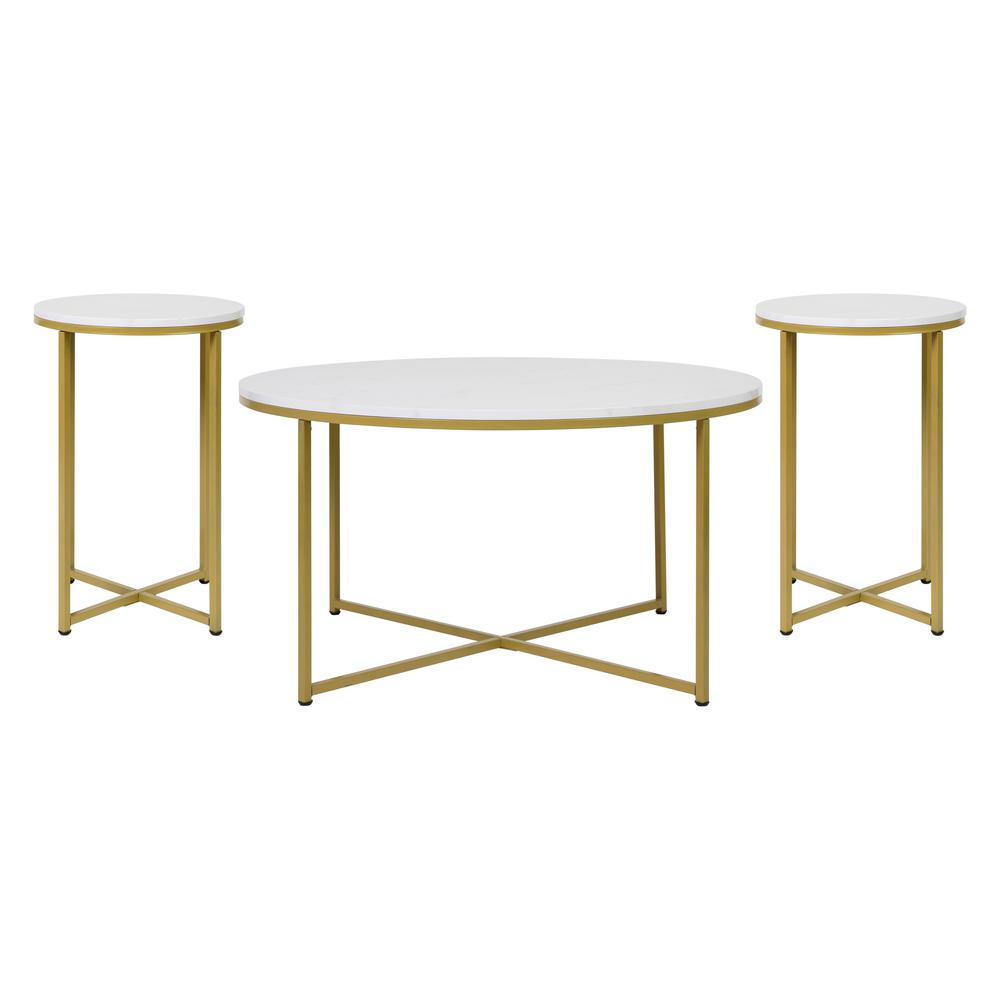 Hampstead Collection Coffee And End Table Set - White Marbled Laminate Top & Matte Gold Crisscross Frame, 3 Piece Table Set By Flash Furniture | End Tables | Modishstore - 2
