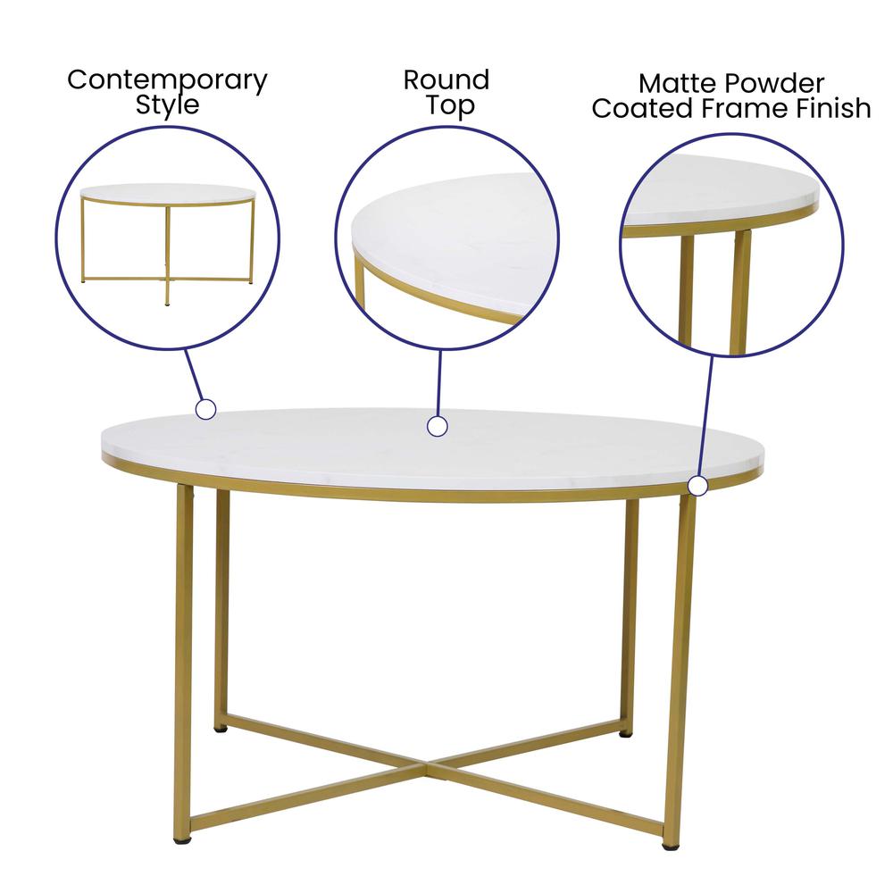 Hampstead Collection Coffee And End Table Set - White Marbled Laminate Top & Matte Gold Crisscross Frame, 3 Piece Table Set By Flash Furniture | End Tables | Modishstore - 4