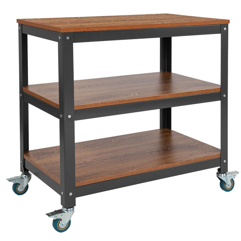 Livingston Collection 30"W Rolling Storage Cart With Metal Wheels In Brown Oak Wood Grain Finish By Flash Furniture | Shelves & Shelving Units | Modishstore - 1