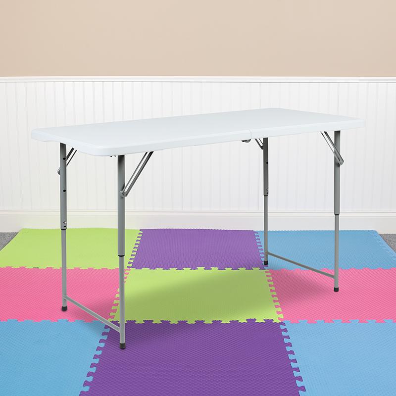 4-Foot Height Adjustable Bi-Fold Granite White Plastic Folding Table By Flash Furniture | Side Tables | Modishstore