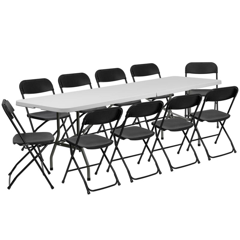 8' Bi-Fold Granite White Plastic Event/Training Folding Table Set With 10 Folding Chairs By Flash Furniture | Dining Sets | Modishstore - 1