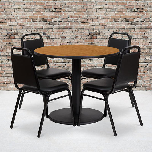 36'' Round Natural Laminate Table Set With Round Base And 4 Black Trapezoidal Back Banquet Chairs By Flash Furniture | Dining Sets | Modishstore