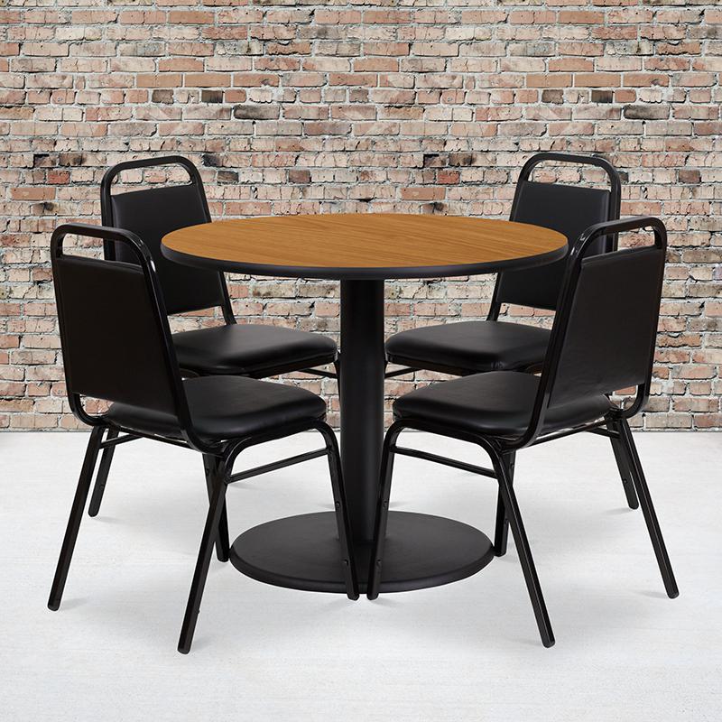 36'' Round Natural Laminate Table Set With Round Base And 4 Black Trapezoidal Back Banquet Chairs By Flash Furniture | Dining Sets | Modishstore - 1