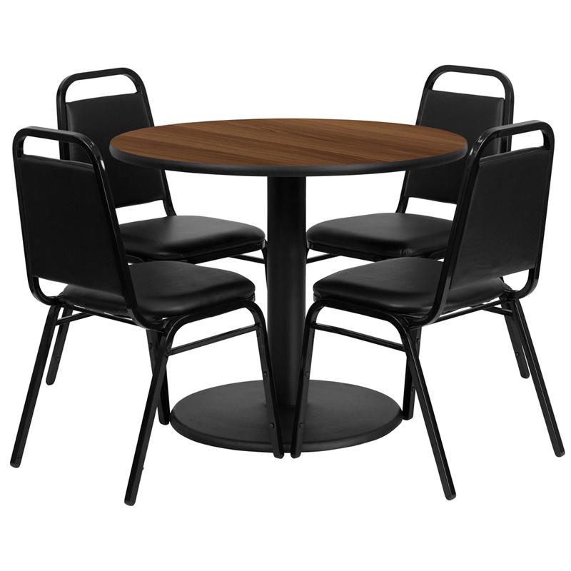 36'' Round Walnut Laminate Table Set With Round Base And 4 Black Trapezoidal Back Banquet Chairs By Flash Furniture | Dining Sets | Modishstore - 2
