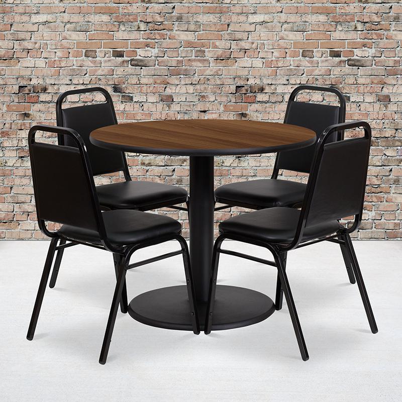 36'' Round Walnut Laminate Table Set With Round Base And 4 Black Trapezoidal Back Banquet Chairs By Flash Furniture | Dining Sets | Modishstore