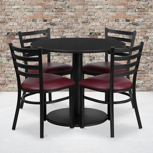 36'' Round Black Laminate Table Set With Round Base And 4 Ladder Back Metal Chairs - Burgundy Vinyl Seat By Flash Furniture | Dining Sets | Modishstore