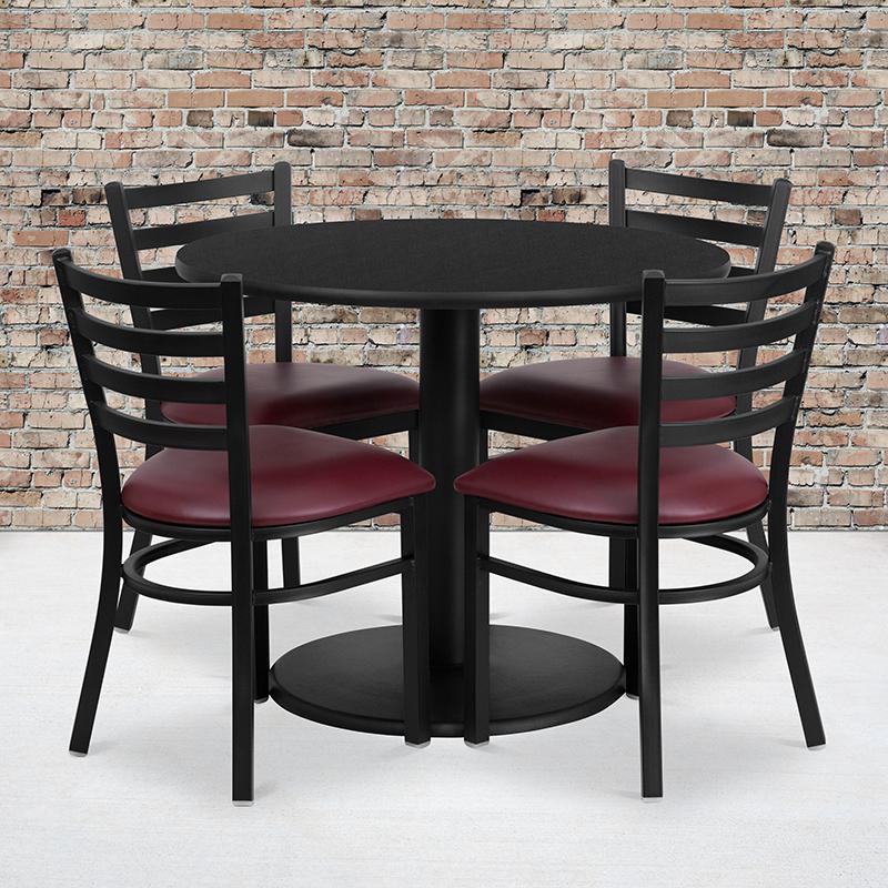 36'' Round Black Laminate Table Set With Round Base And 4 Ladder Back Metal Chairs - Burgundy Vinyl Seat By Flash Furniture | Dining Sets | Modishstore - 1