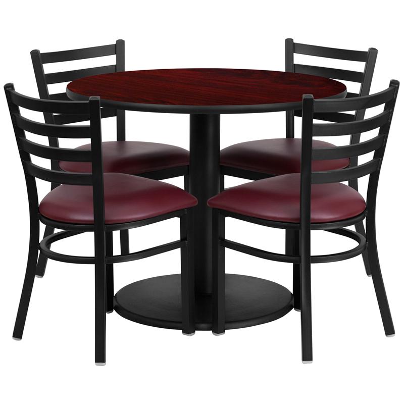 36'' Round Mahogany Laminate Table Set With Round Base And 4 Ladder Back Metal Chairs - Burgundy Vinyl Seat By Flash Furniture | Dining Sets | Modishstore - 2