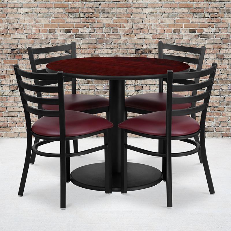 36'' Round Mahogany Laminate Table Set With Round Base And 4 Ladder Back Metal Chairs - Burgundy Vinyl Seat By Flash Furniture | Dining Sets | Modishstore - 1