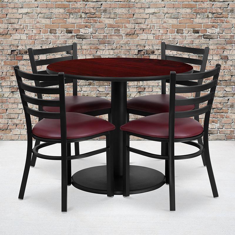 36'' Round Mahogany Laminate Table Set With Round Base And 4 Ladder Back Metal Chairs - Burgundy Vinyl Seat By Flash Furniture | Dining Sets | Modishstore