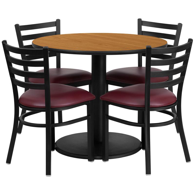 36'' Round Natural Laminate Table Set With Round Base And 4 Ladder Back Metal Chairs - Burgundy Vinyl Seat By Flash Furniture | Dining Sets | Modishstore - 2