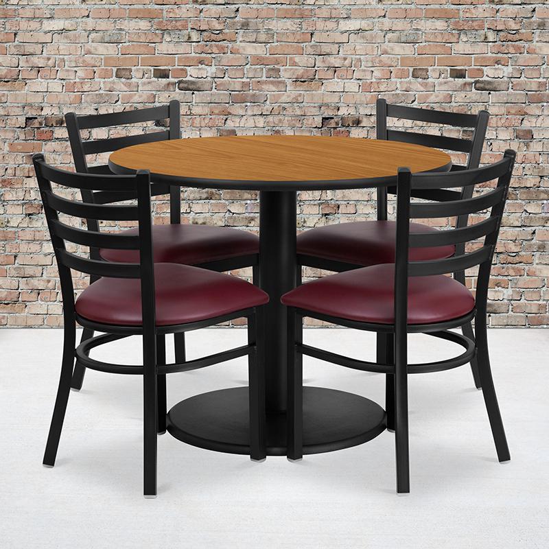 36'' Round Natural Laminate Table Set With Round Base And 4 Ladder Back Metal Chairs - Burgundy Vinyl Seat By Flash Furniture | Dining Sets | Modishstore