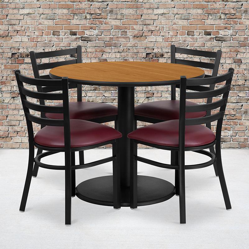 36'' Round Natural Laminate Table Set With Round Base And 4 Ladder Back Metal Chairs - Burgundy Vinyl Seat By Flash Furniture | Dining Sets | Modishstore - 1
