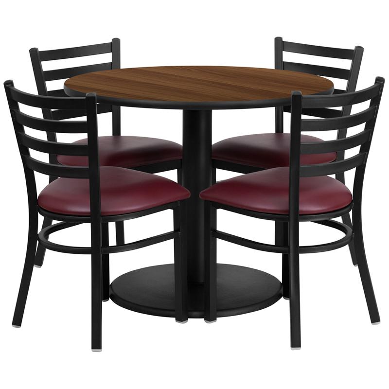 36'' Round Walnut Laminate Table Set With Round Base And 4 Ladder Back Metal Chairs - Burgundy Vinyl Seat By Flash Furniture | Dining Sets | Modishstore - 2