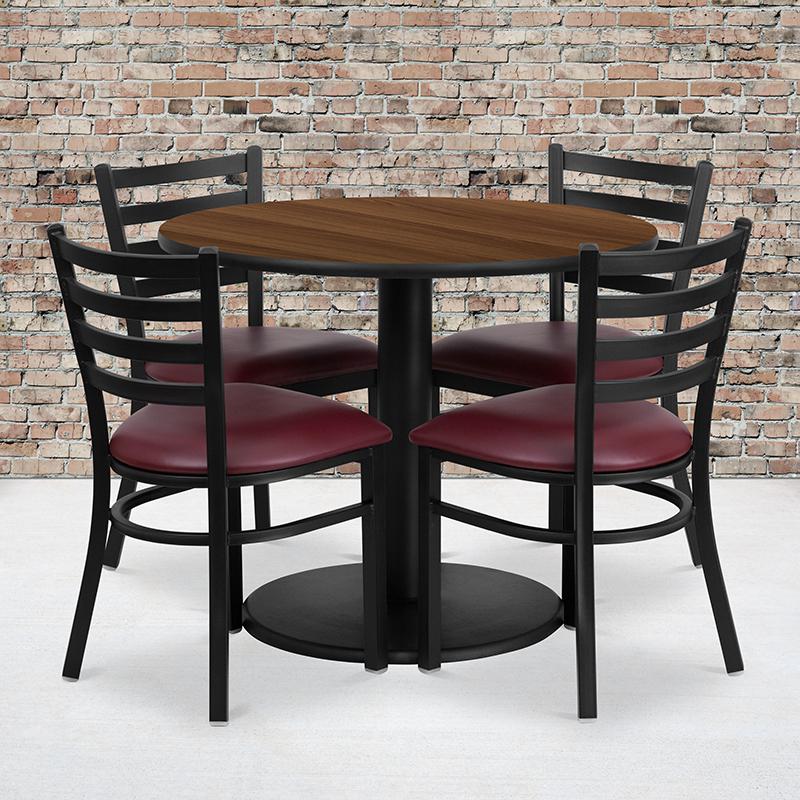 36'' Round Walnut Laminate Table Set With Round Base And 4 Ladder Back Metal Chairs - Burgundy Vinyl Seat By Flash Furniture | Dining Sets | Modishstore