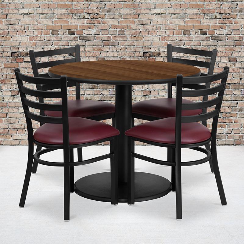 36'' Round Walnut Laminate Table Set With Round Base And 4 Ladder Back Metal Chairs - Burgundy Vinyl Seat By Flash Furniture | Dining Sets | Modishstore - 1