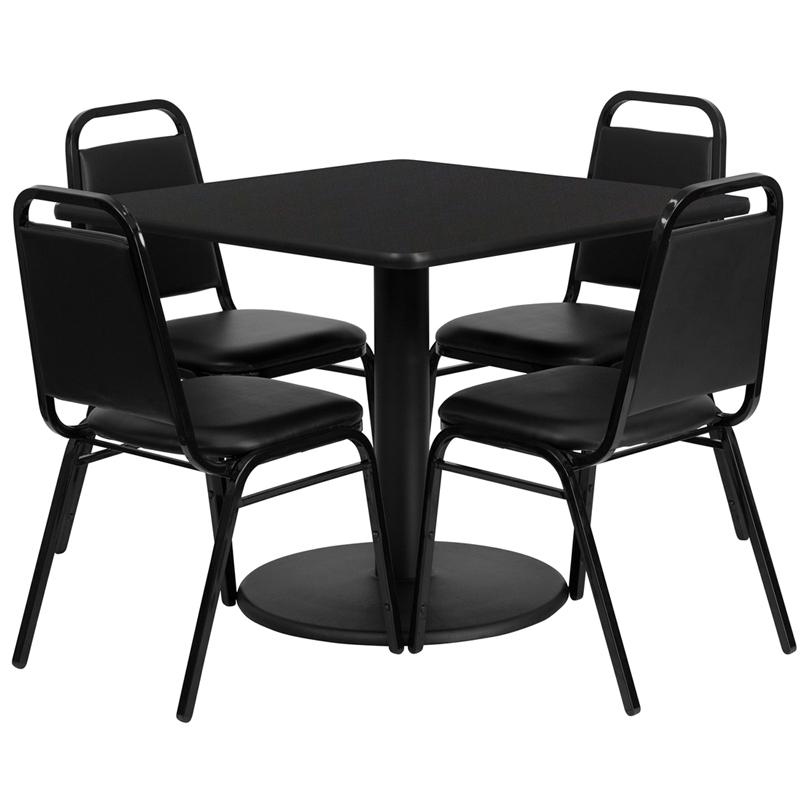 36'' Square Black Laminate Table Set With Round Base And 4 Black Trapezoidal Back Banquet Chairs By Flash Furniture | Dining Sets | Modishstore - 2